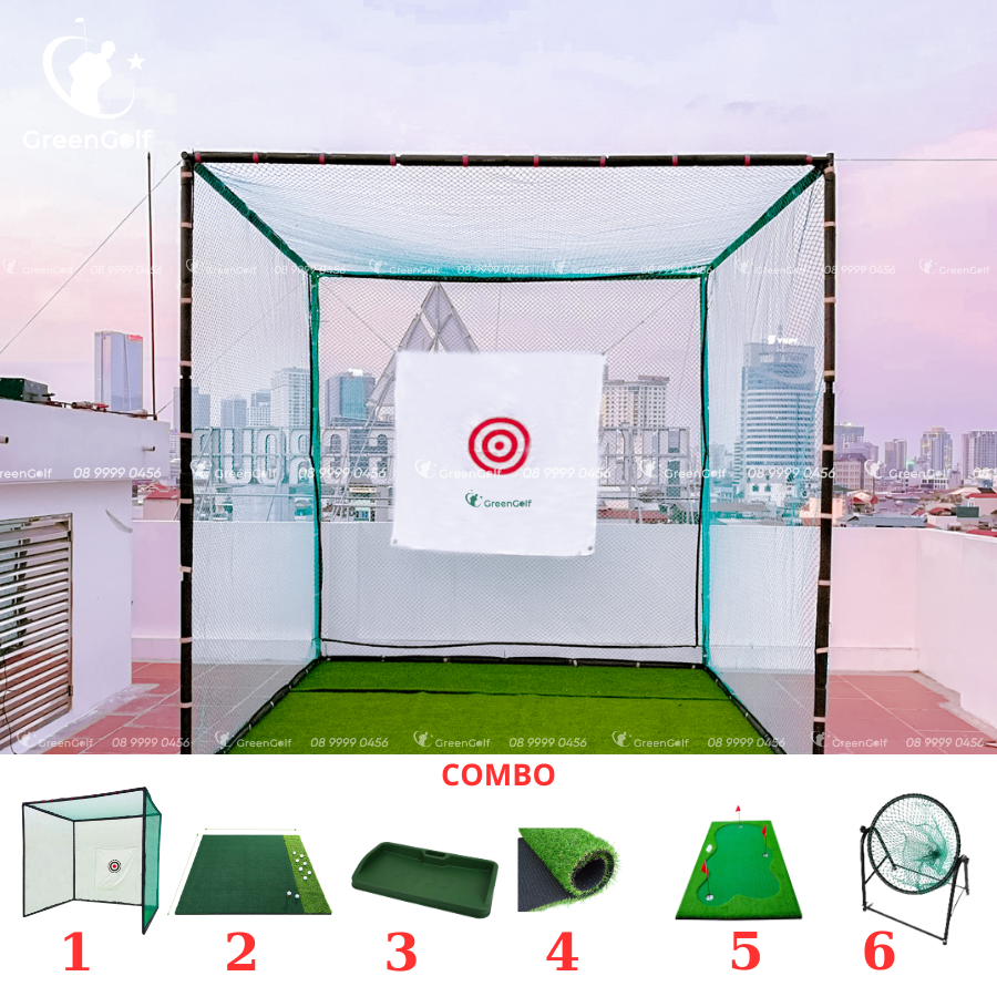 Combo khung 3x3x3 + thảm put 1.2mx2.5m + thảm swing 1.5x1.5 + khay cao su + 25 bóng + giỏ chip xanh + thảm cỏ 3mx3m - CBKL13