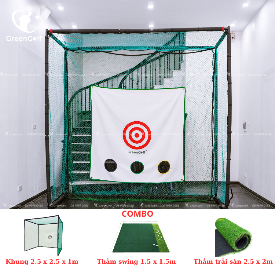 Combo Khung Tập Golf KT 2.5*2.5*1m + Thảm Tập Golf Swing 1.5mx1.5m + Thảm Cỏ Trải Sàn 2.5x2m - CBKL7