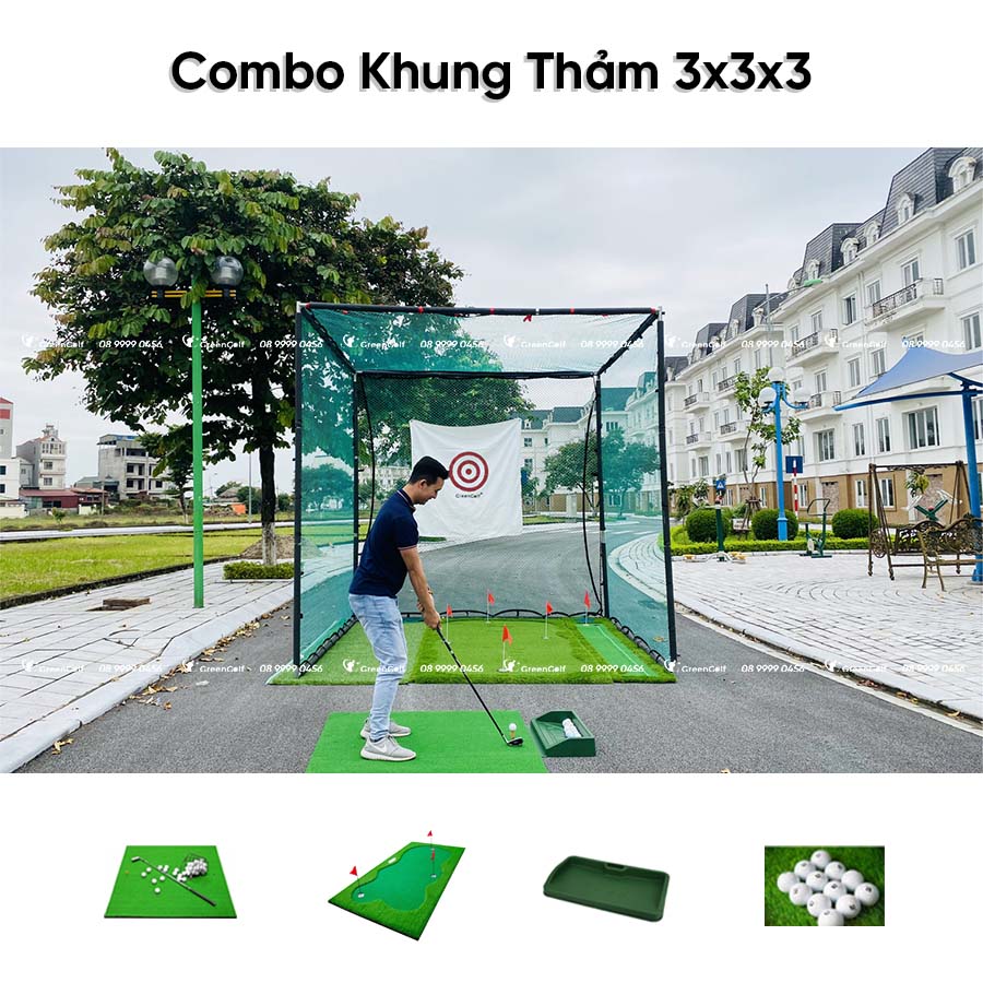 Combo Khung Tập Golf 3x3x1 + Thảm Swing 1.5x1.5 +  Thảm Put 1,5 x 3m + Khay Đựng Bóng Chất Liệu Nhựa + 25 Bóng Mới - CBKL11