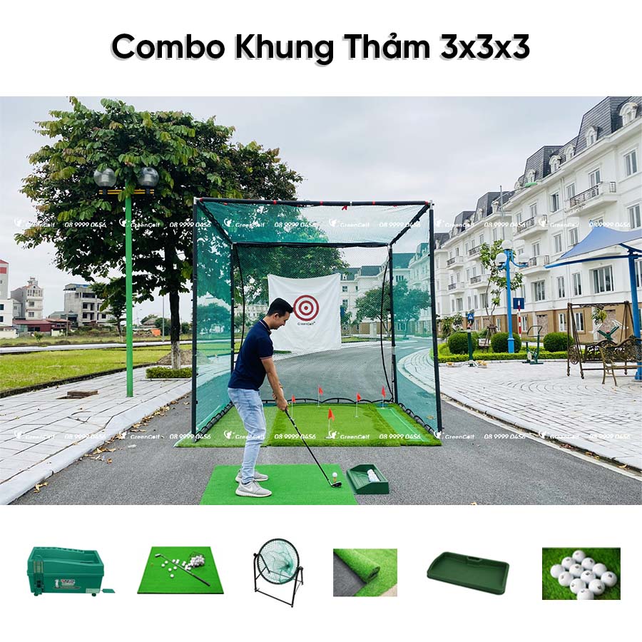 Combo Khung Tập Golf 3x3x3 +  Máy Nhả Bóng Tự Động + Thảm Swing 1.5x1.5 +  Thảm Cỏ Nhân Tạo 3x3m + Khay Nhựa + Giỏ Chip Xanh + 25 Bóng Mới - CBKL12.6