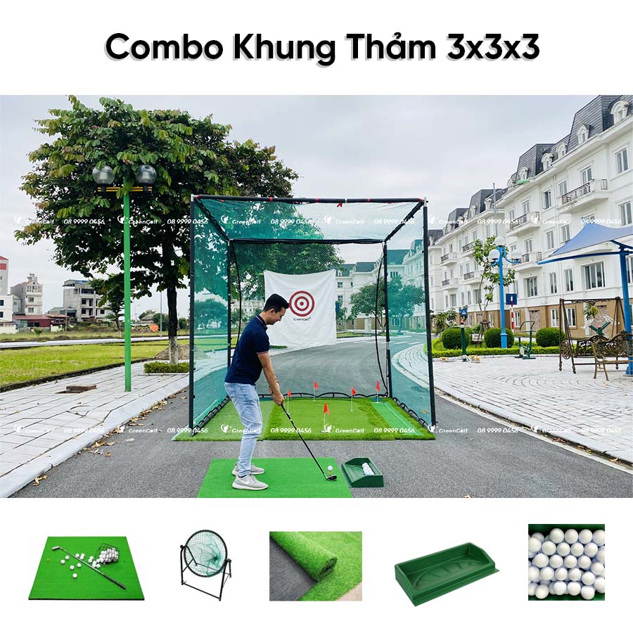 Combo Khung Tập Golf 3x3x3 + Thảm Swing 1.5x1.5 +  Thảm Cỏ Nhân Tạo 3x3m + Khay Nhựa + Giỏ Chip Xanh + 25 Bóng Mới - CBKL9.5