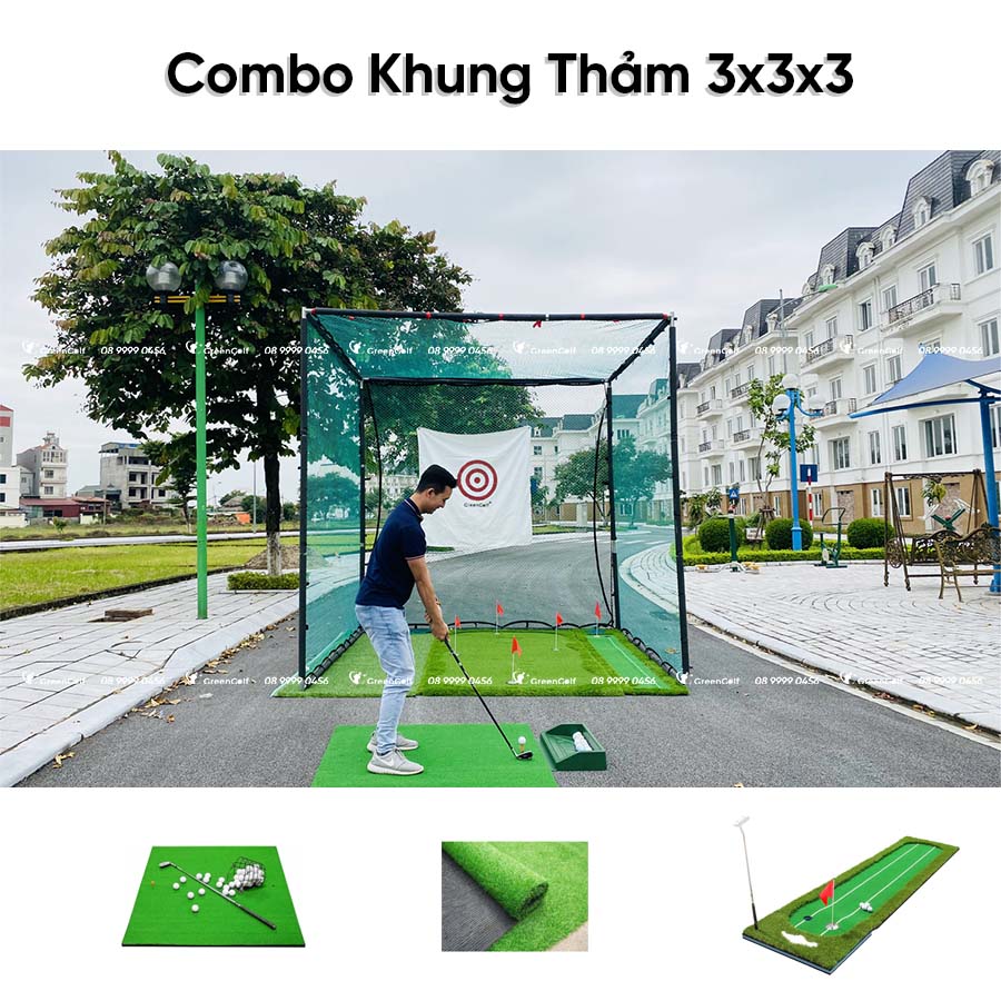 Combo Khung Tập Golf 3x3x3 + Thảm Swing 1m2 x 1m2 + Thảm Put 0.75m x 3m + Thảm Cỏ Nhân Tạo 3m x 3m - CBKL9