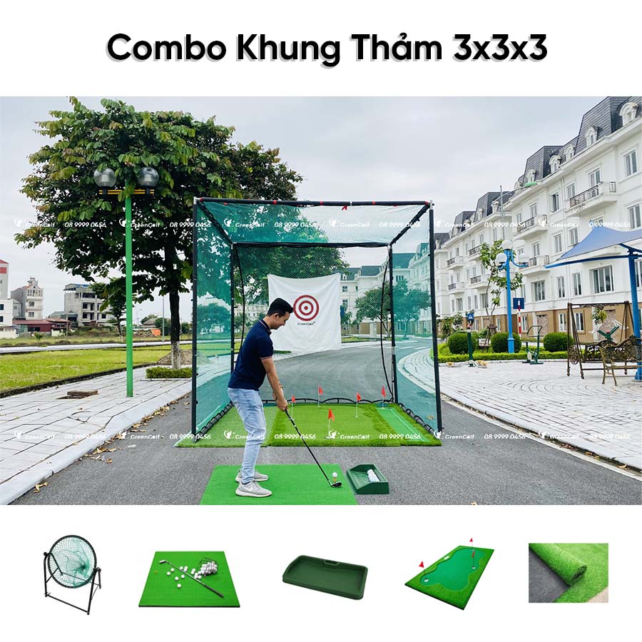 Combo Khung Tập Golf 3x3x3 +  Thảm Put 1,5m x 3m + Thảm Swing 1,5m x 1,5m + Khay Đựng Bóng Cao Su + Giỏ Chip Xanh + Thảm Cỏ 3x3 + 25 Bóng Golf  - CBKL13