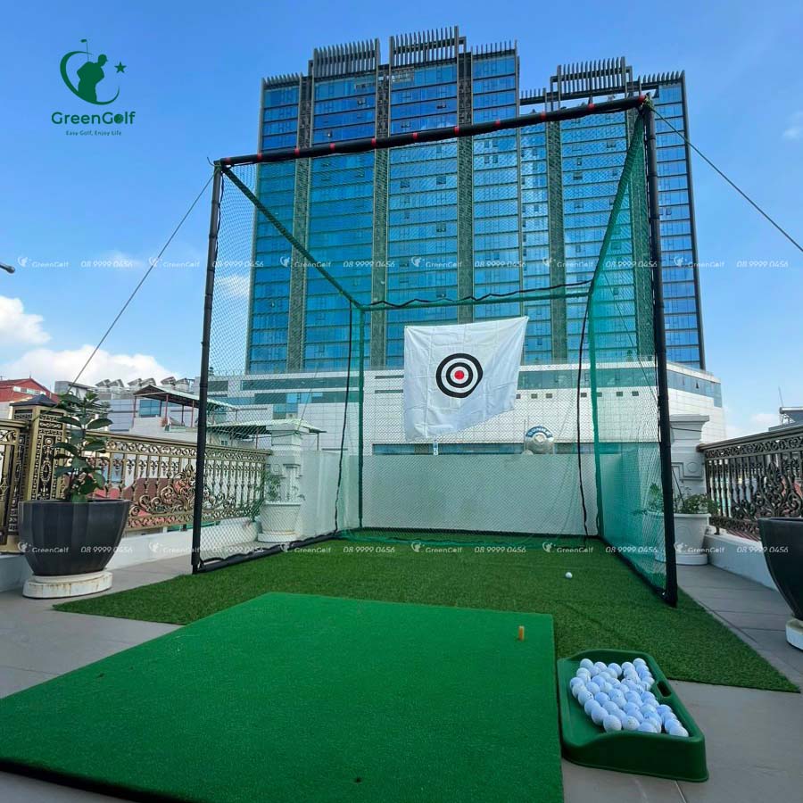Combo Khung Tập Golf 3x3x3 +  Máy Nhả Bóng Tự Động + Thảm Swing 1.5x1.5 +  Thảm Cỏ Nhân Tạo 3x3m + Khay Nhựa + Giỏ Chip Xanh + 25 Bóng Mới - CBKL12.6
